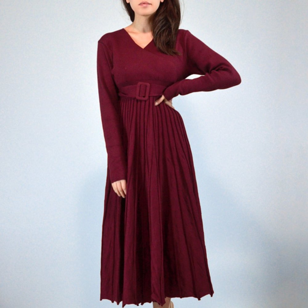 Knit Sweater Dress, Burgundy Long Sleeve Empire Waist Midi Dress sz Small